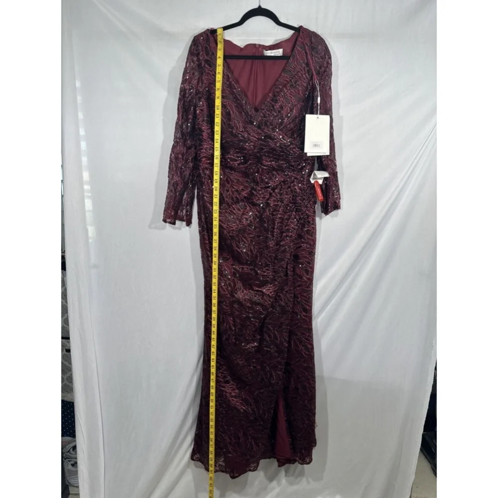 NWT $698 Mac Duggal‎ [ 16 ] Long Sleeve Ruched Sequined V Neck Gown Garnet Red